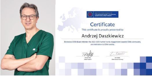 Zdjęcie doktora Andrzeja Daszkiewicza oraz skan certyfikatu, poświadczającego jego wybór do zarządu ESRA.