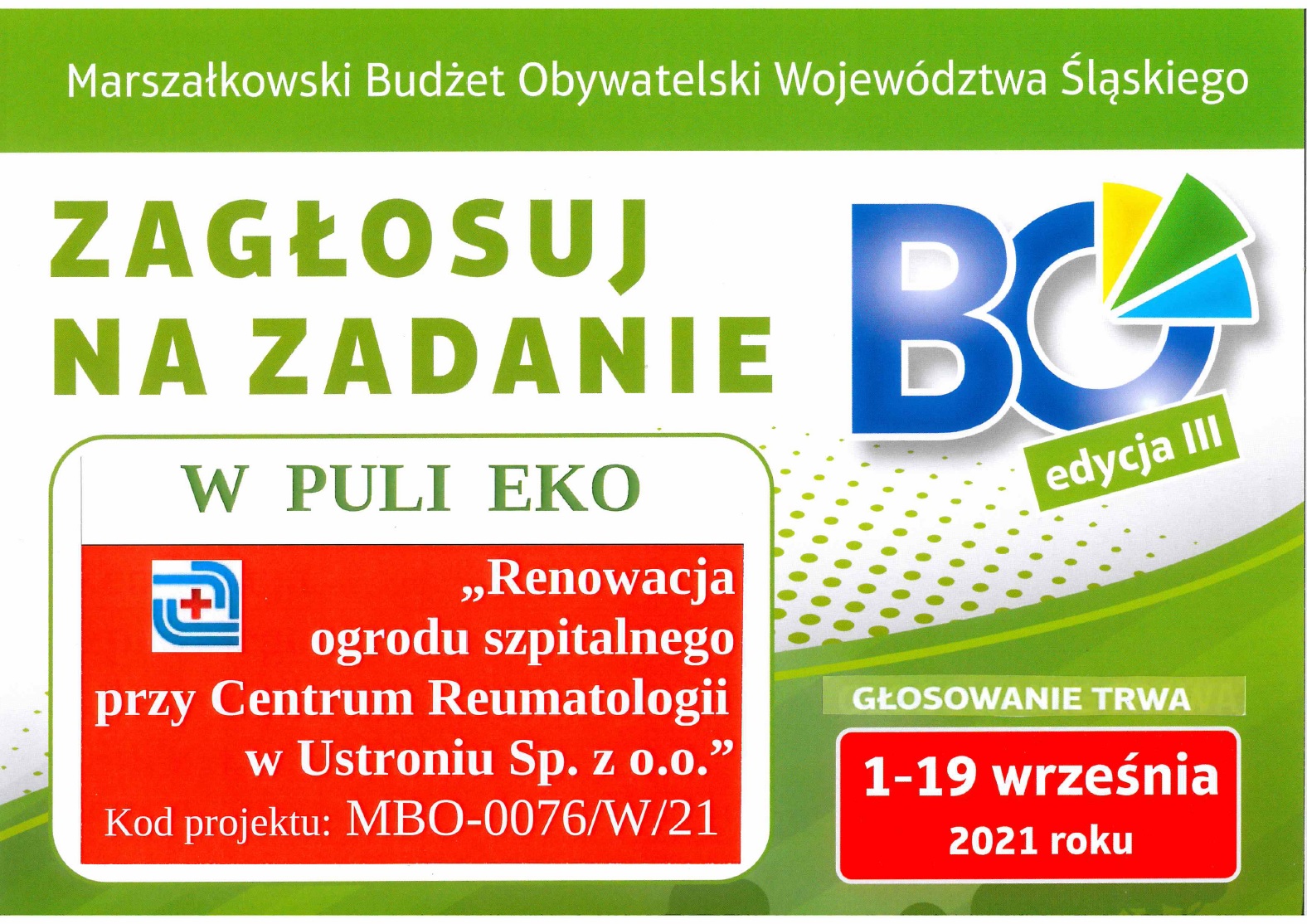 Góra plakatu promującego Marszałkowski Budżet Obywatelski. Pod napisem: Zagłosuj na zadanie w puli EKO jest pełna nazwa projektu renowacji ogrodu.