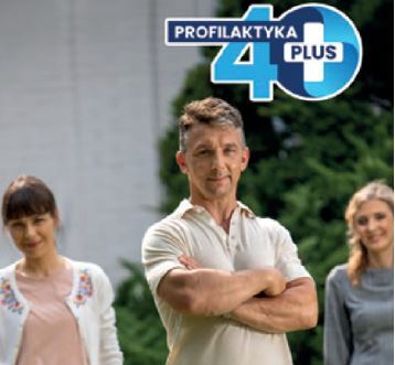 Pierwsza grafika przedstawia dwie kobiety i mężczyznę w adekwatnym do promowanego programu wieku. Nad postaciami widnieje napis: Profilaktyka 40 plus.
