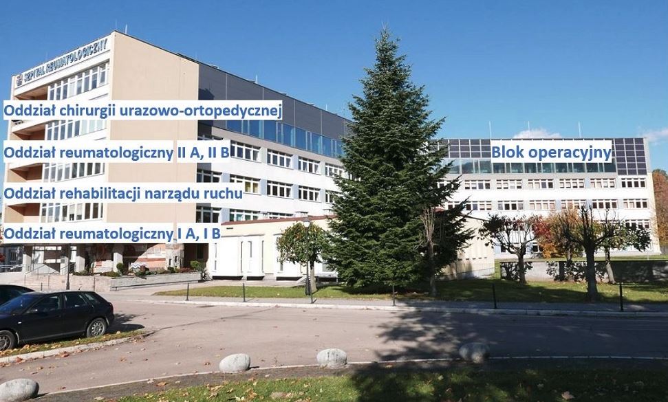 Zdjęcie szpitala z zewnątrz. Na poszczególne piętra naniesiono nazwy mieszczących się tam oddziałów i bloku operacyjnego.